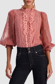 Alice + Olivia Eugenia Lace High Neck Button-Up Shirt