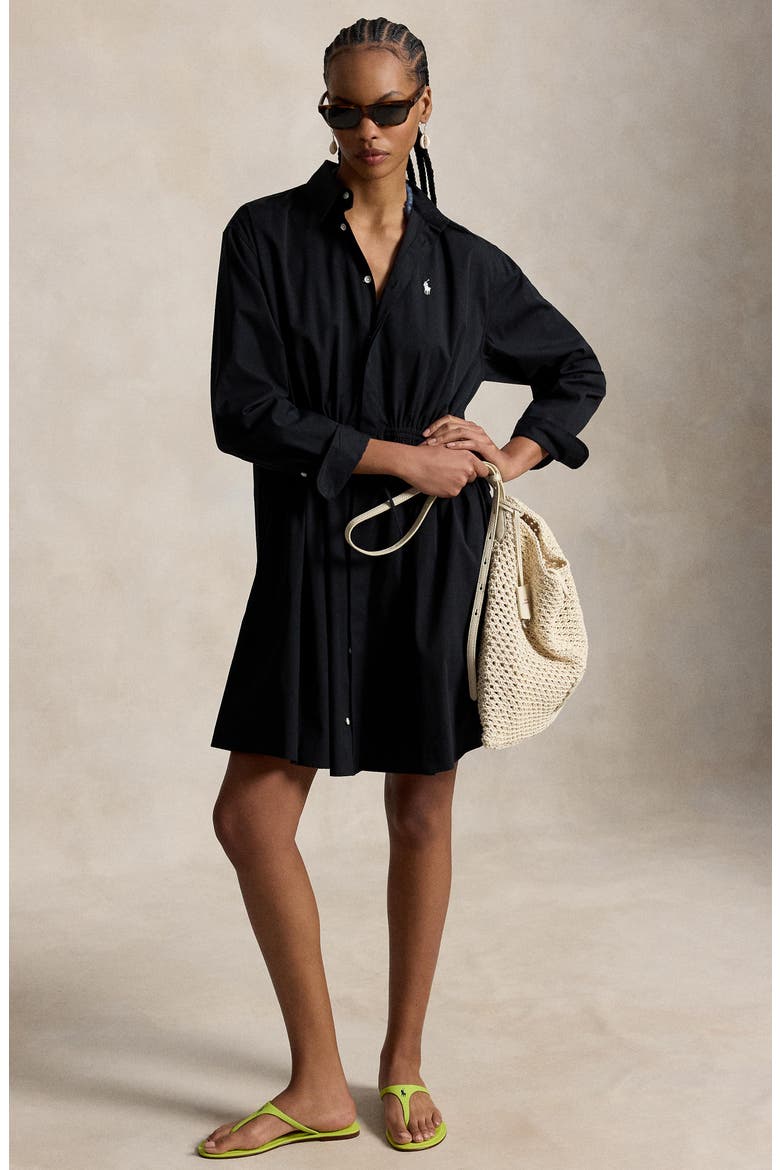 Drawstring Waist Cotton Shirtdress, Alternate, color, POLO BLACK
