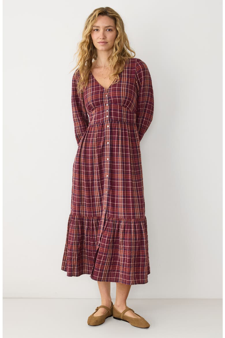 Maeve Plaid Tiered Midi Shirtdress, Alternate, color, MERLOT PLAID