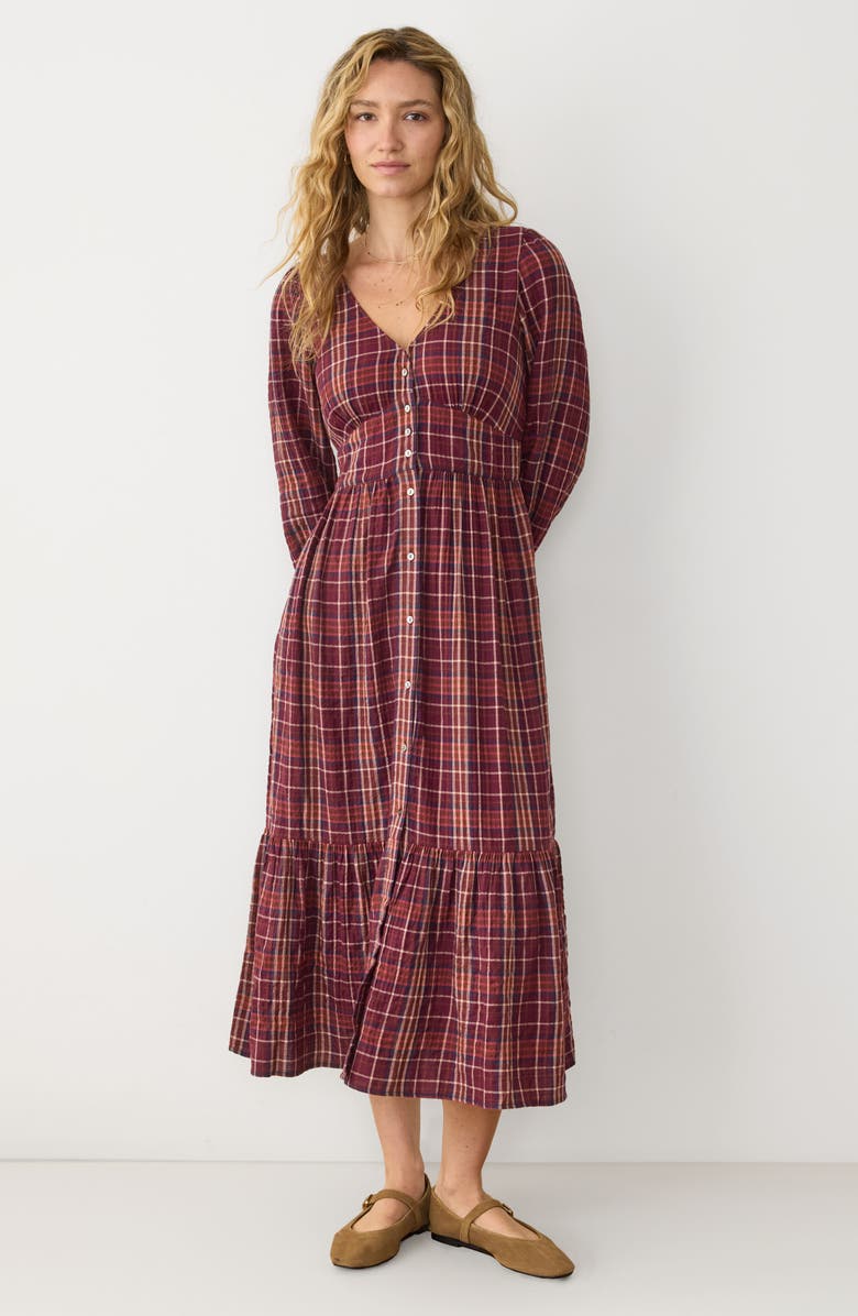 Marine Layer Maeve Plaid Tiered Midi Shirtdress, Alternate, color, Merlot Plaid