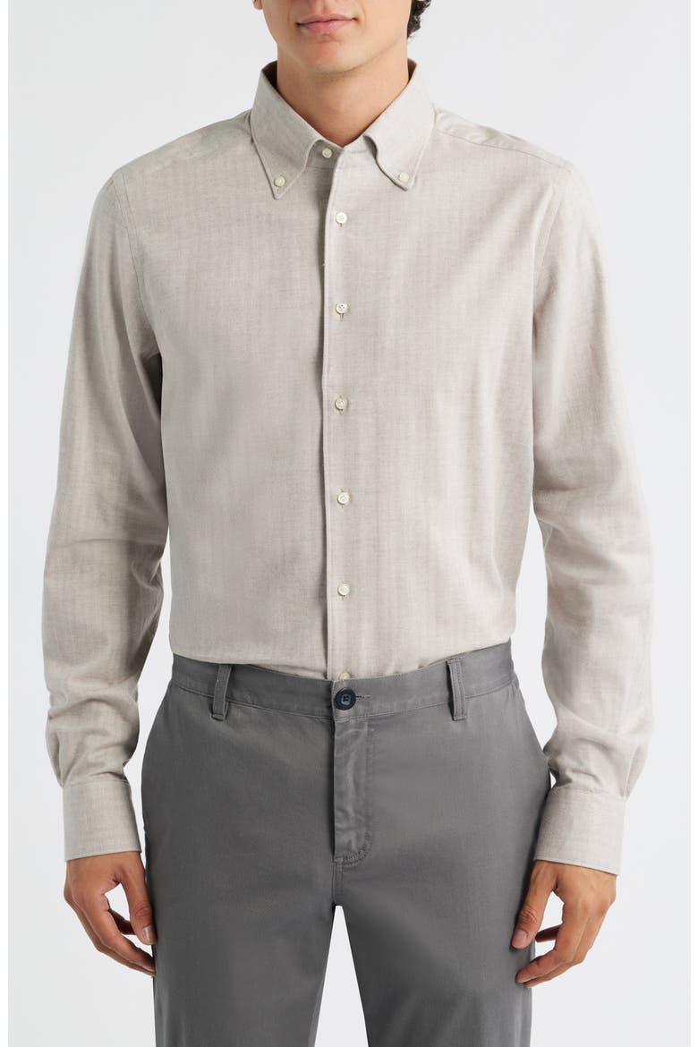 Modern Fit Beige Mélange Brushed Cotton Herringbone Dress Shirt, Main, color, LIGHT BEIGE
