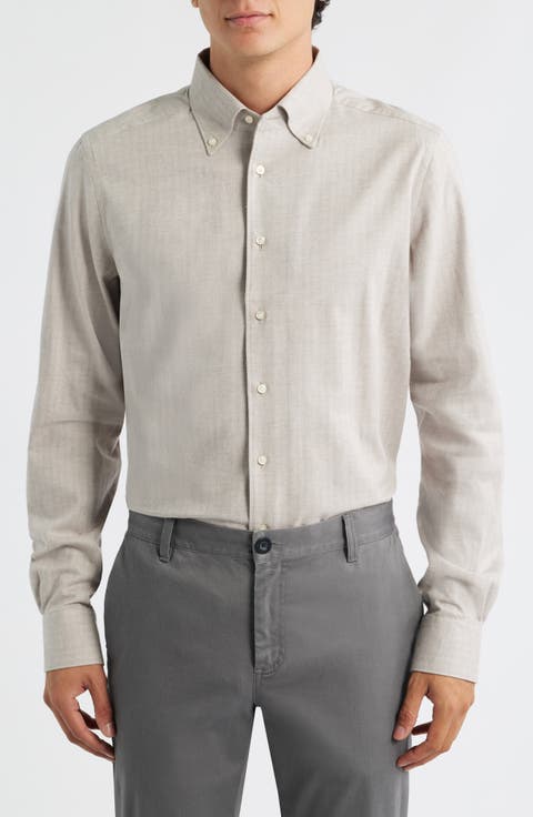 Modern Fit Beige Mélange Brushed Cotton Herringbone Dress Shirt