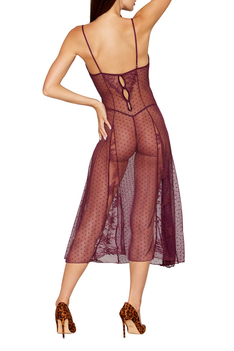 Swiss Dot Lace & Mesh Chemise & G-String Set, Alternate, color, BURGUNDY
