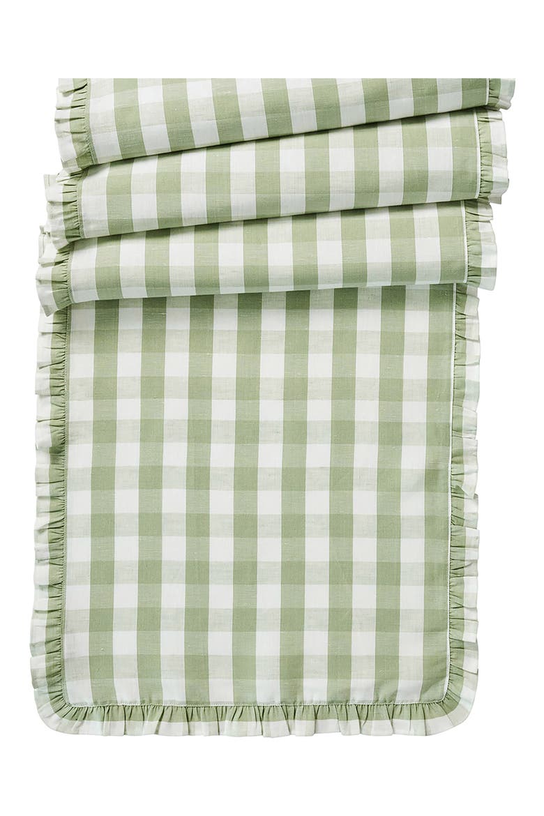 Gingham Ruffle Cotton & Linen Table Runner, Main, color, SEAGRASS