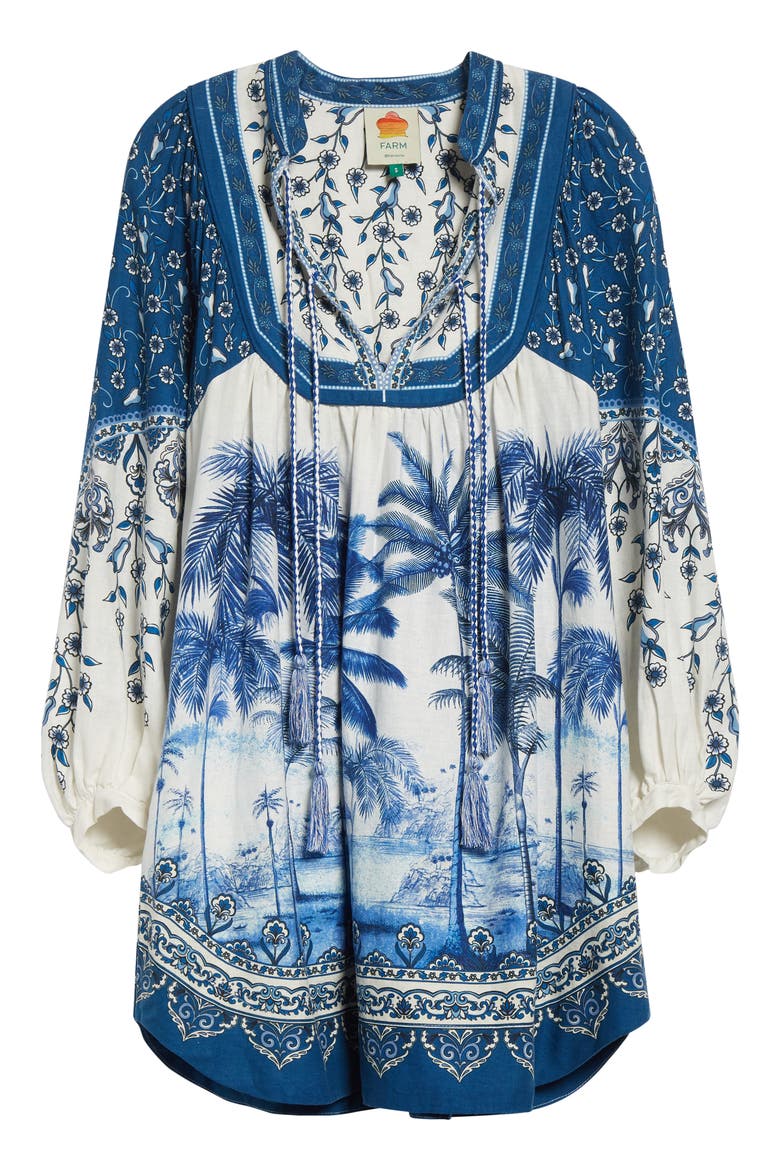 Palm Tree Print Linen Blend Tie Front Dress, Alternate, color, OFF-WHITE