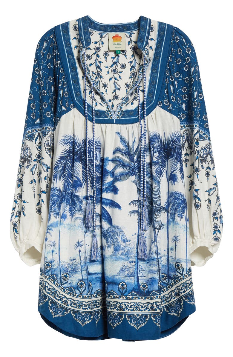 FARM Rio Palm Tree Print Linen Blend Tie Front Dress, Alternate, color, Off-White