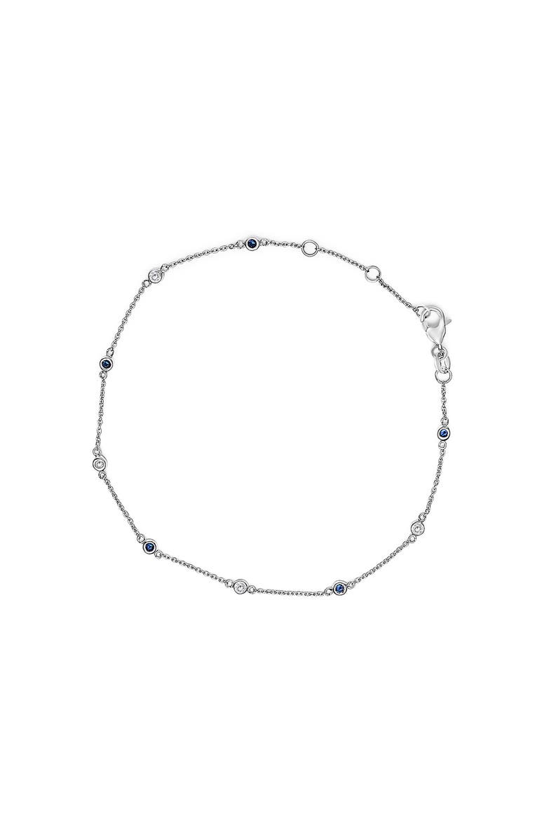 14K White Gold Blue Sapphire and White Diamond Bezel Station Chain Bracelet, Main, color, White