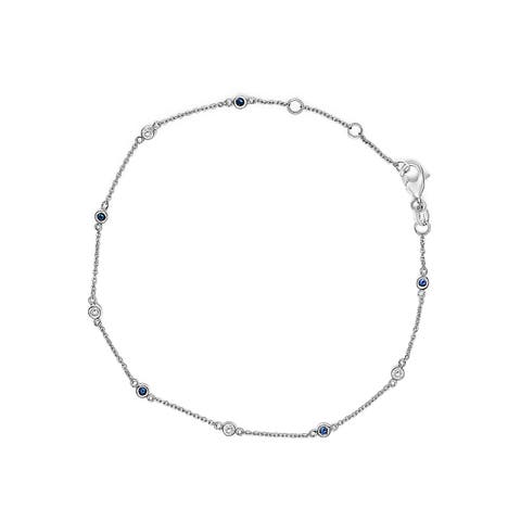 14K White Gold Blue Sapphire and White Diamond Bezel Station Chain Bracelet