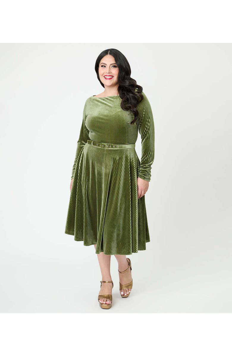 Unique Vintage Plus Size Long Sleeve Belted Devon Swing Dress, Main, color, Olive Green
