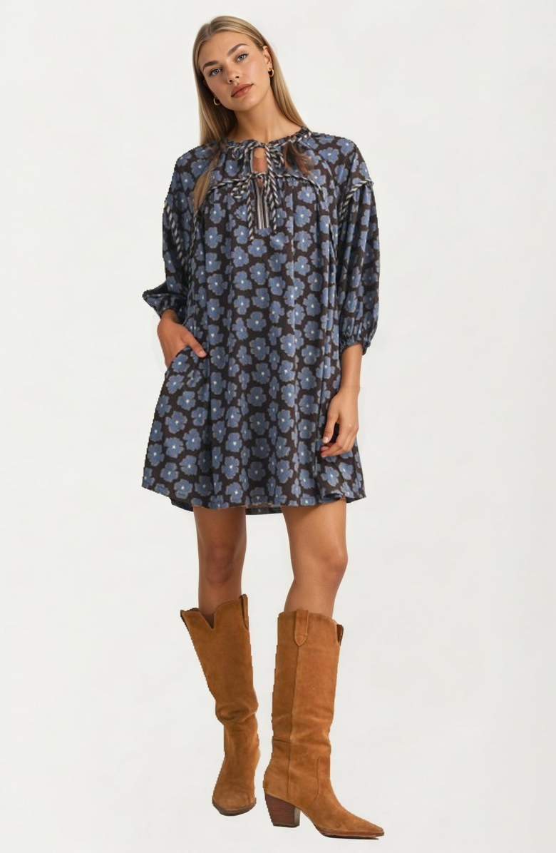 Knit and Lounge Floral Tie Neck Mini Dress With Long Sleeves, Main, color, Blue Floral