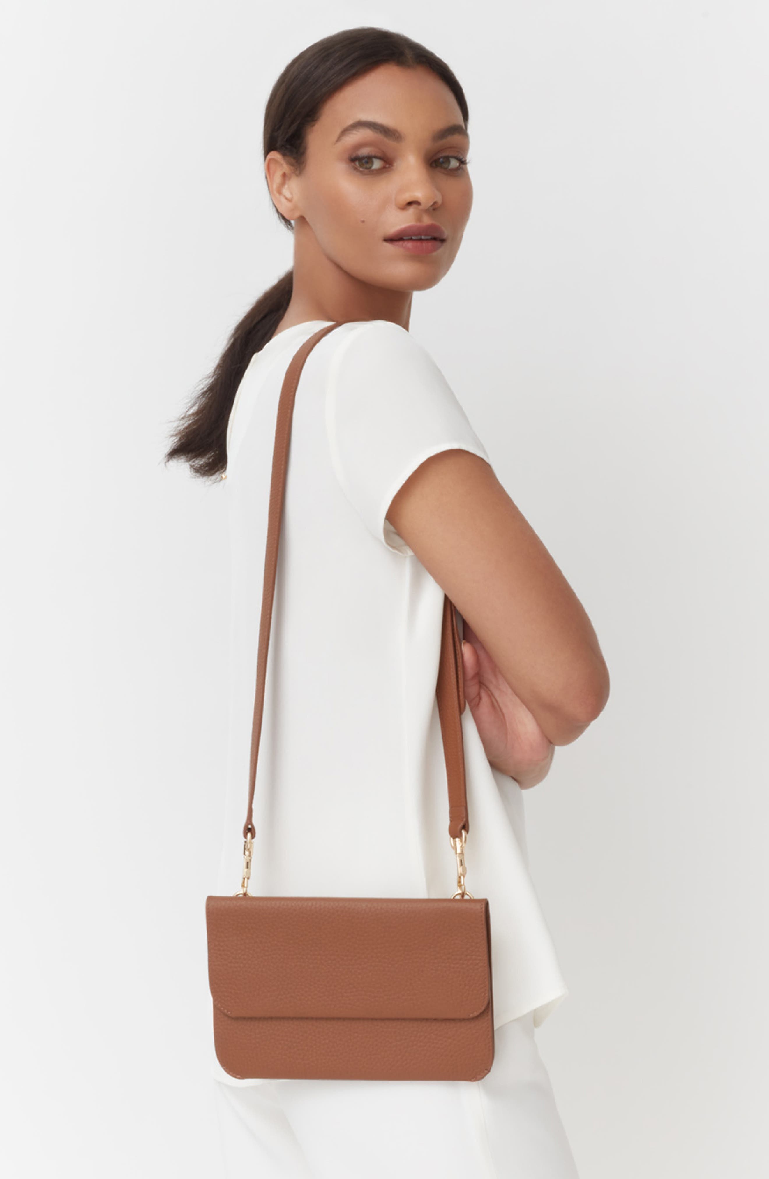 System Leather Clutch, Alternate, color, CARAMEL
