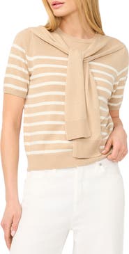 Halogen® Stripe Shoulder Wrap Short Sleeve Sweater