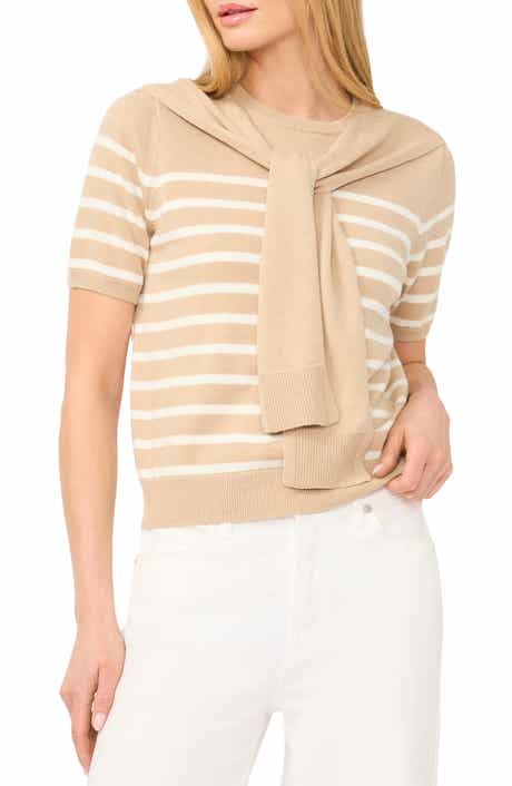 Stripe Shoulder Wrap Short Sleeve Sweater