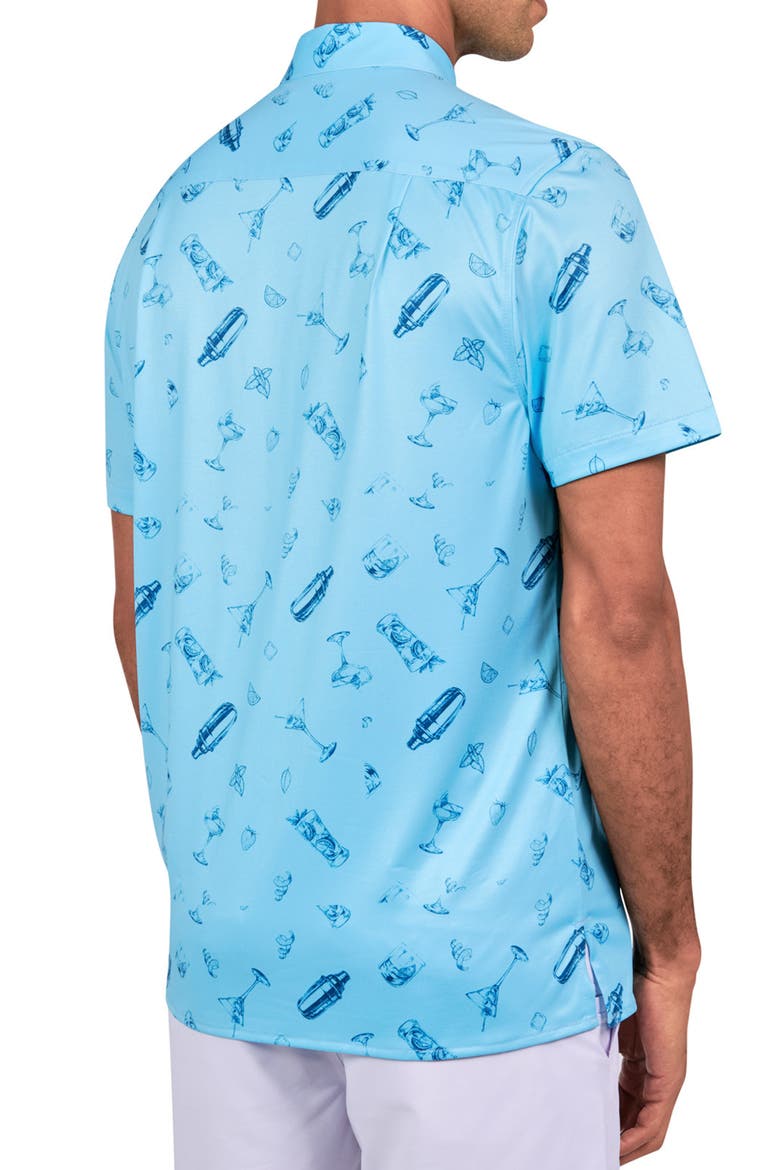 Regular Fit Cocktail Print Recycled Performance Golf Button-Down Shirt, Alternate, color, AQUA