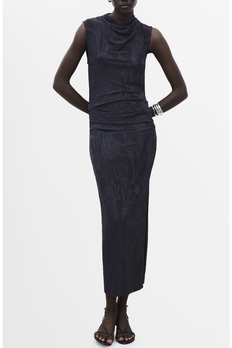 Draped Embroidered Sleeveless Midi Dress, Main, color, NAVY