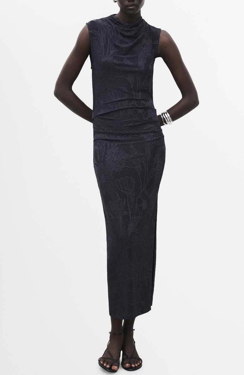 MANGO Draped Embroidered Sleeveless Midi Dress, Main, color, Navy