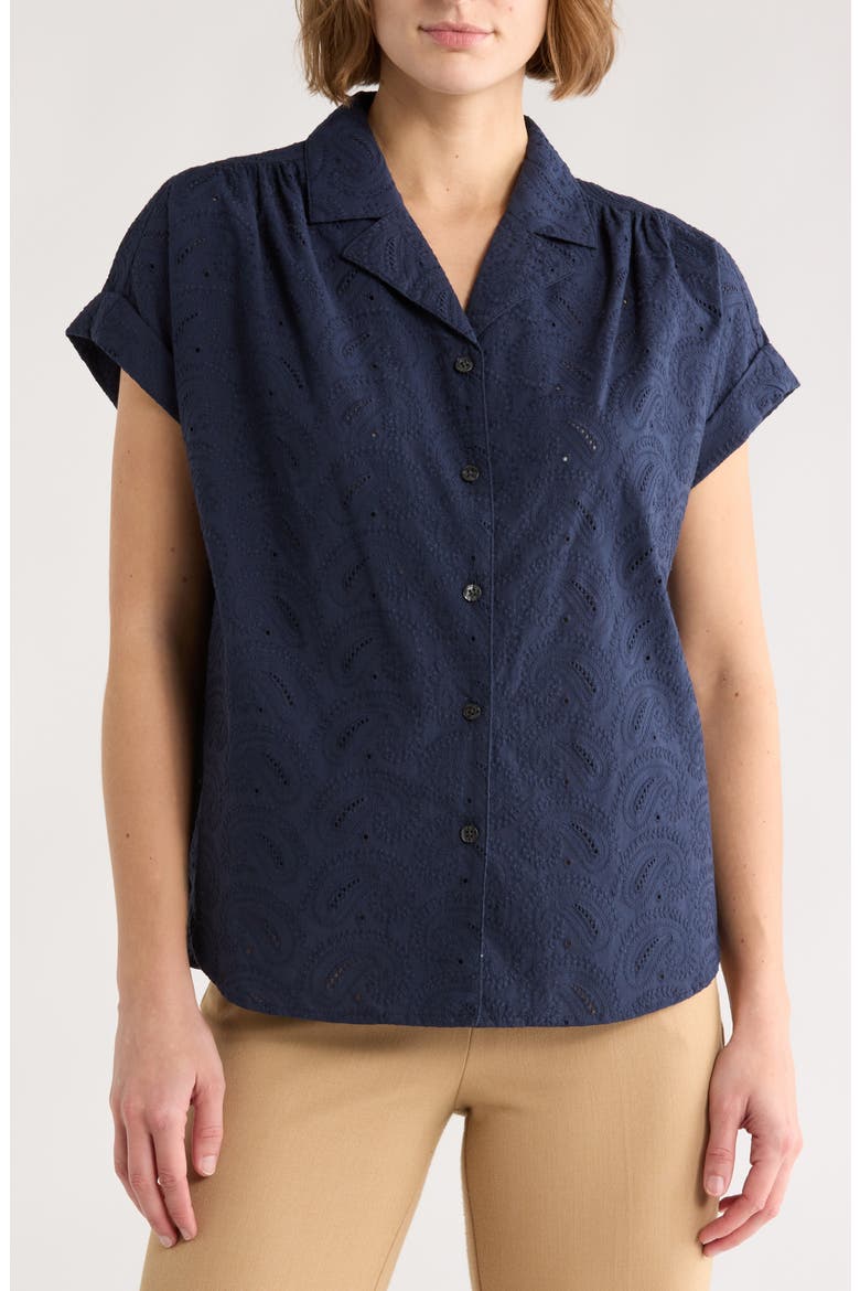 Paisley Eyelet Cotton Poplin Camp Shirt, Main, color, NAVY BLAZER