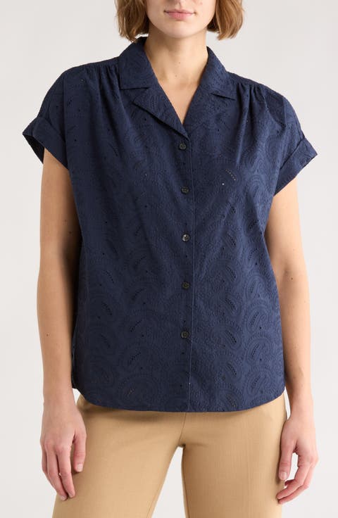Paisley Eyelet Cotton Poplin Camp Shirt