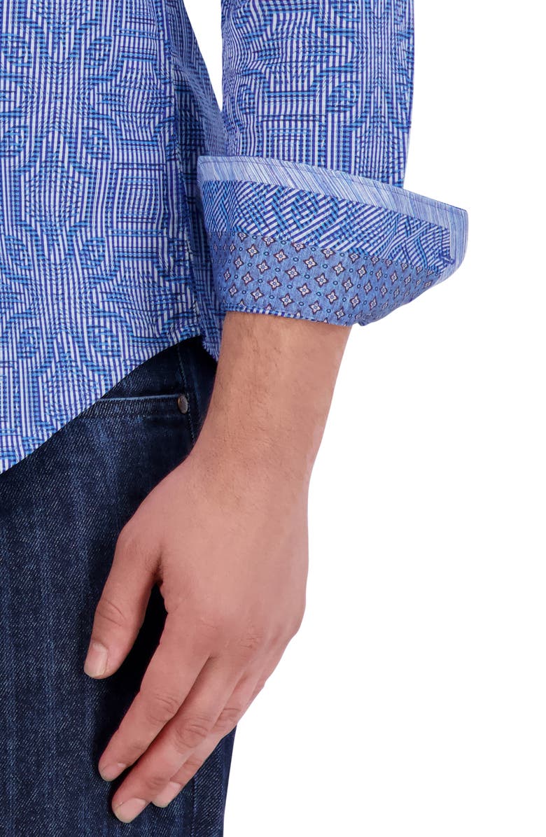 Robert Graham Voyage Geo Jacquard Stretch Cotton Button-Up Shirt, Alternate, color, Blue
