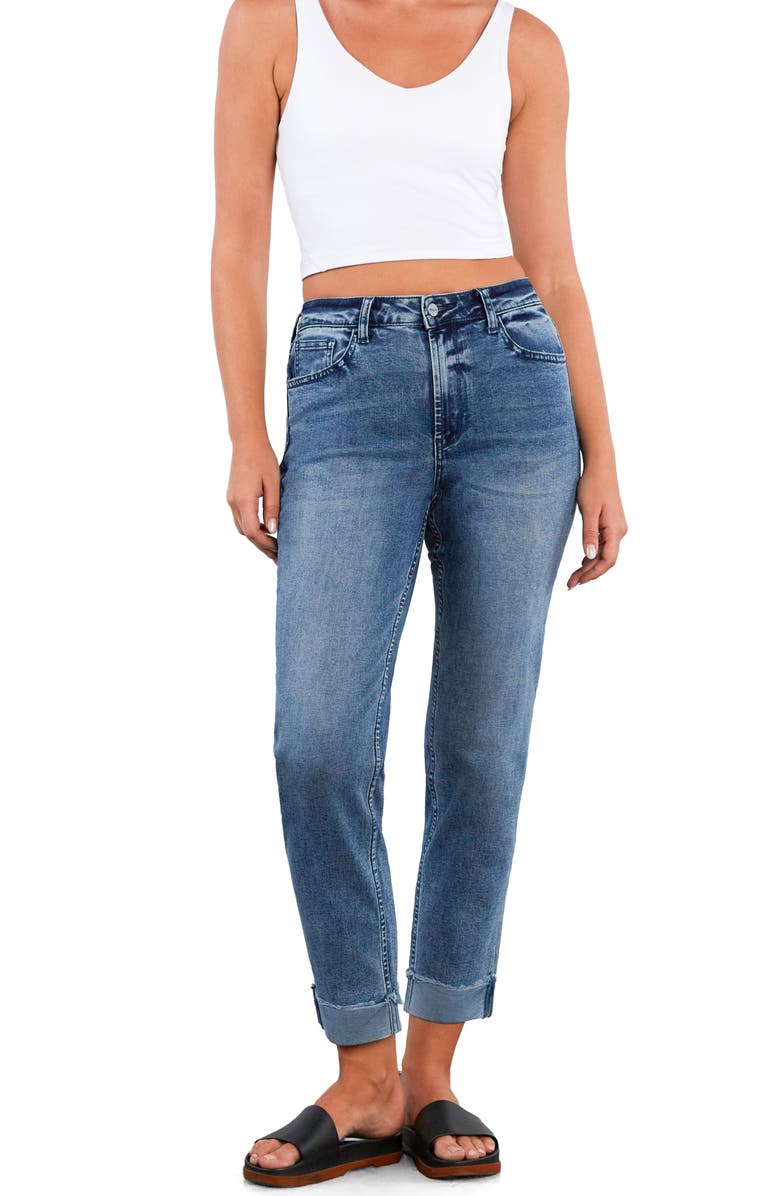 HINT OF BLU Raw Hem High Waist Slim Boyfriend Jeans, Alternate, color, Vera Blue
