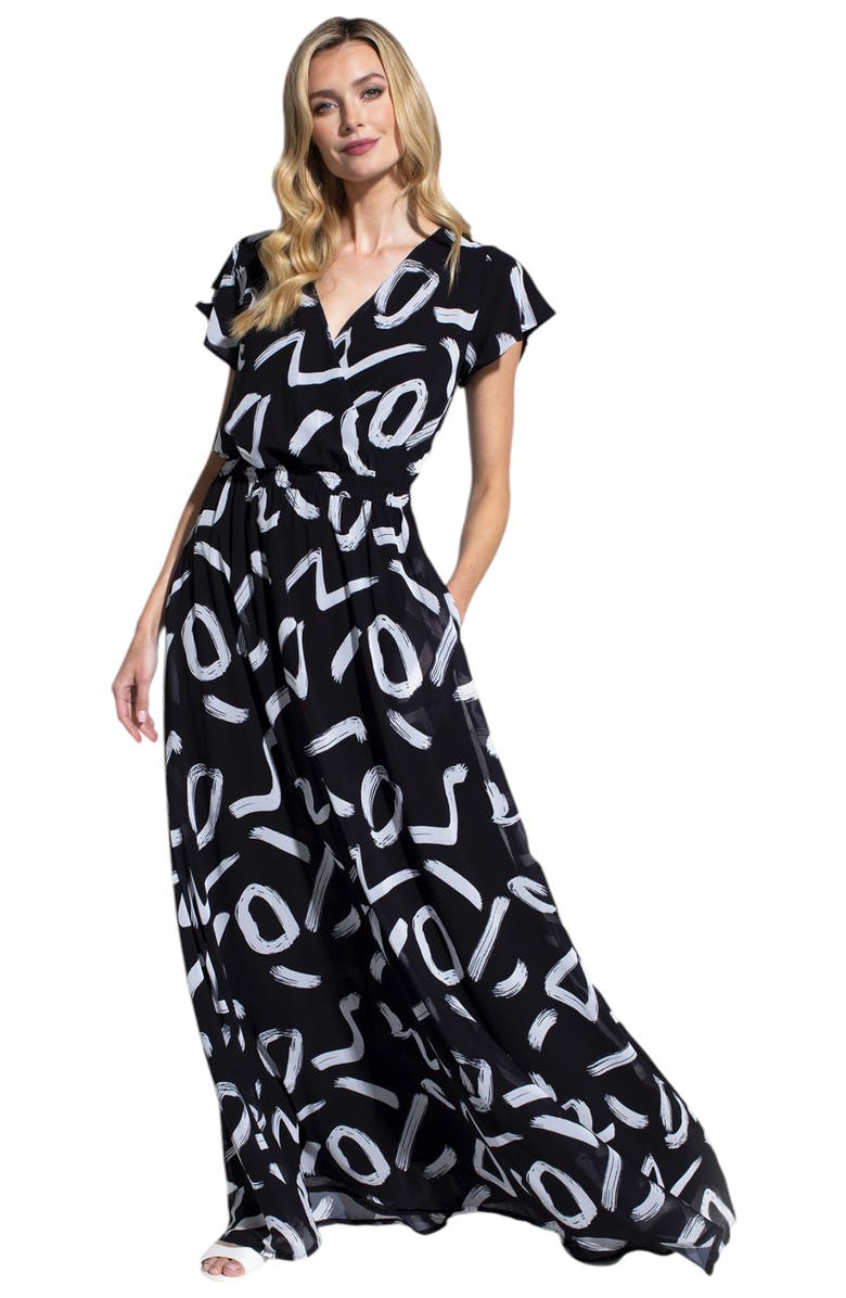 HotSquash London Clothing Abstract Print Chiffon Faux Wrap Maxi Dress, Main, color, Black With White Brush Strokes