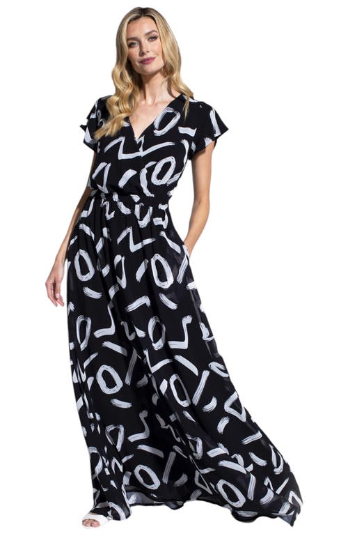 Hotsquash London Clothing Abstract Print Chiffon Faux Wrap Maxi Dress In Black With White Brush Strokes