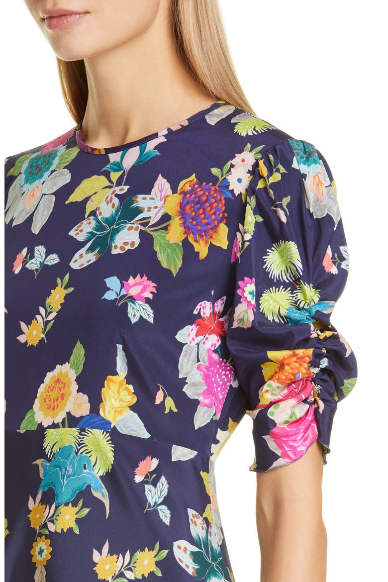 Floral Print Ruched Sleeve Midi Dress, Alternate, color, NAVY