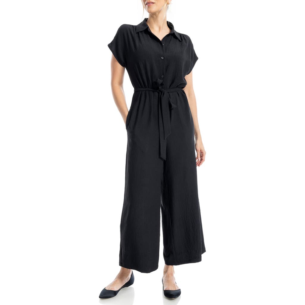 Max Studio Collared Short Sleeve Tie Waist Jumpsuit In Black