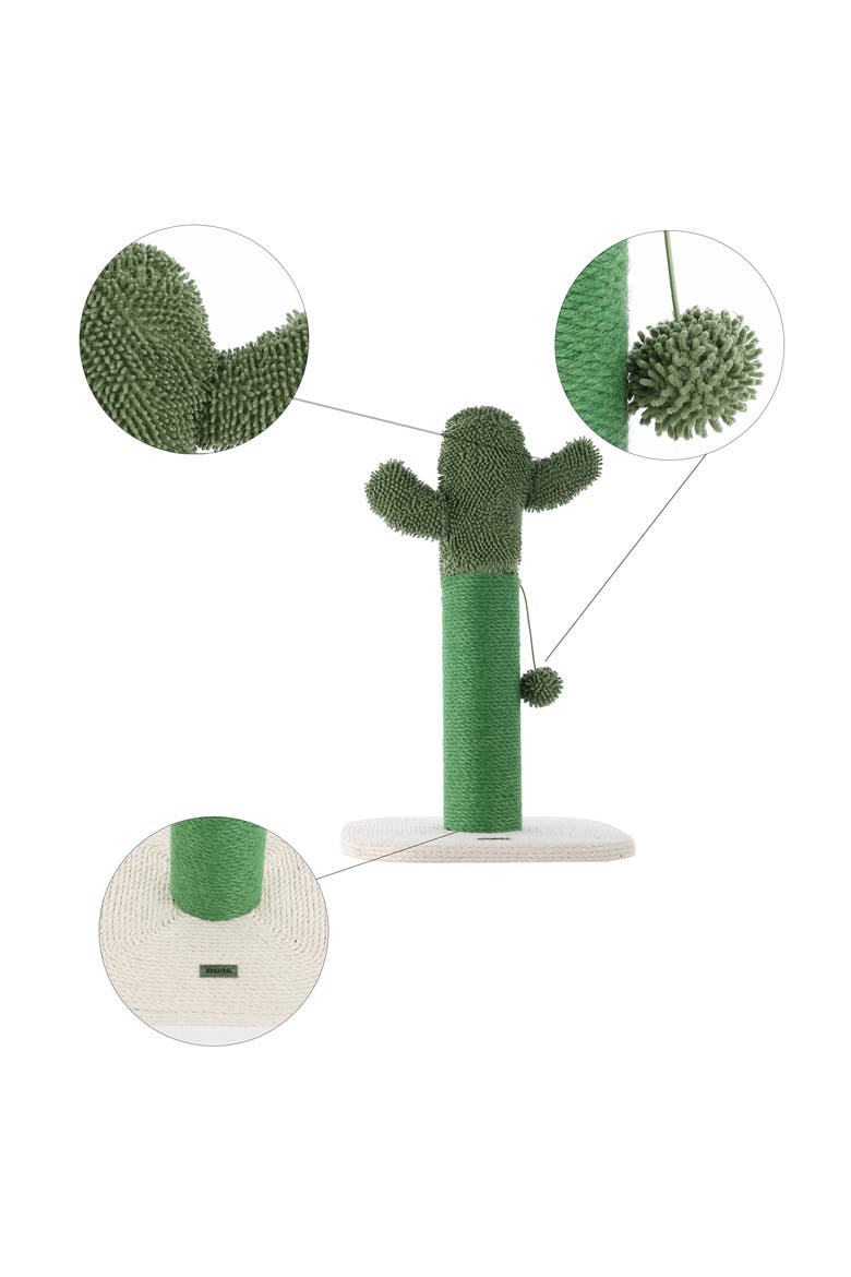 Pecos 21" Modern Jute Cactus Cat Scratching Post with Fuzzy Toy, Alternate, color, Green