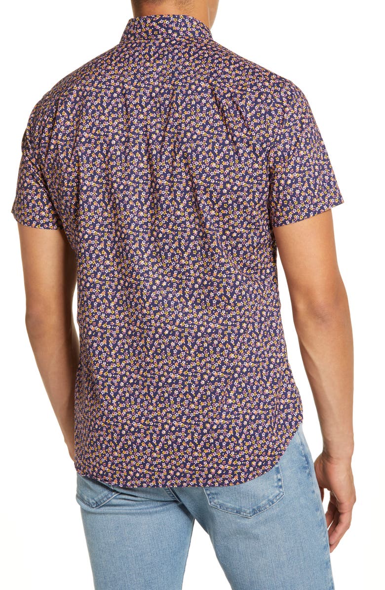 Bonobos Slim Fit Floral Print Short Sleeve Button-Down Shirt, Alternate, color, Corfu Floral - Papaya Slice