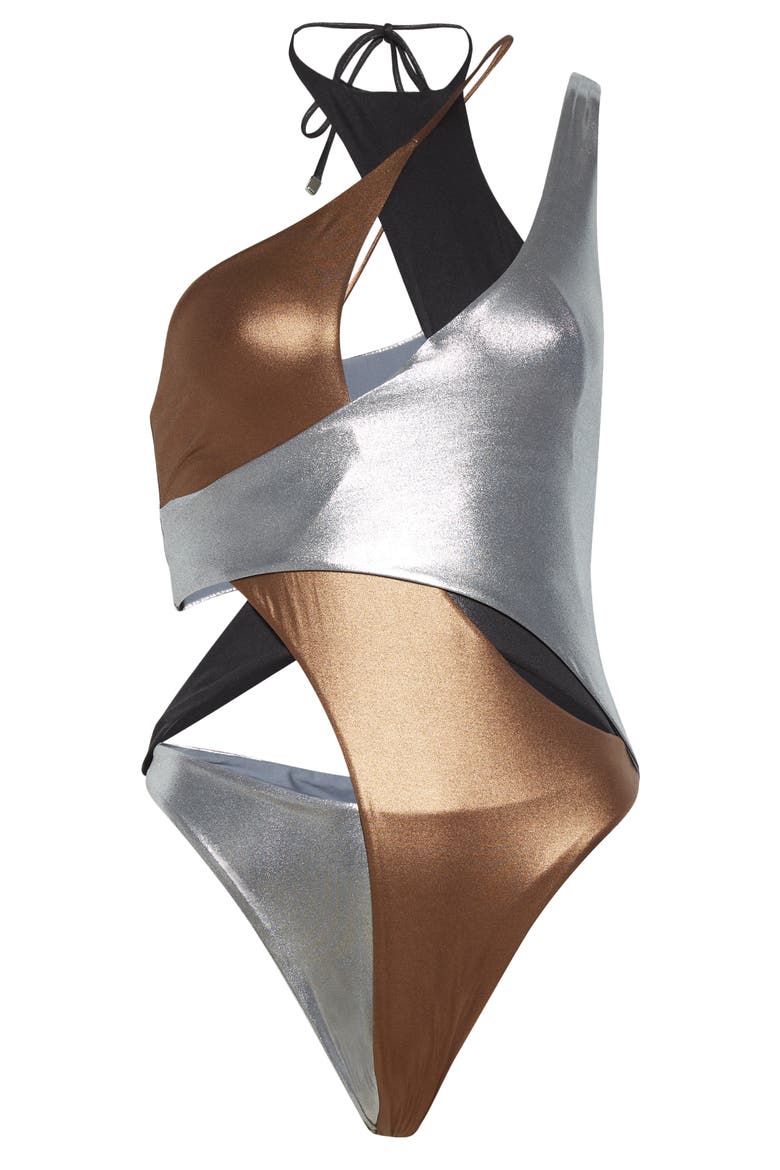 Metallic Cutout One-Piece Swimsuit, Alternate, color, ALLUMINIUM PLUMB