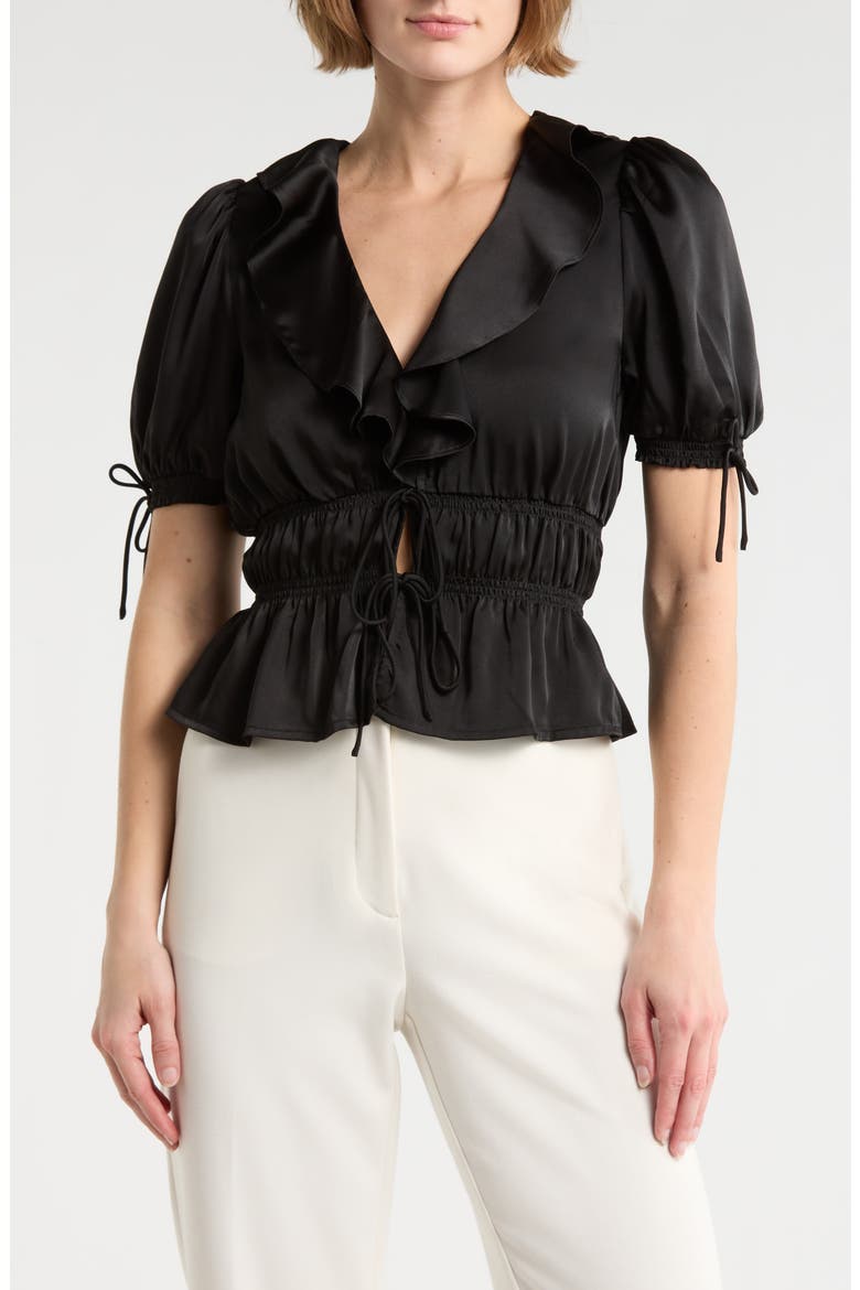 Ruffle Tie Front Top, Main, color, BLACK
