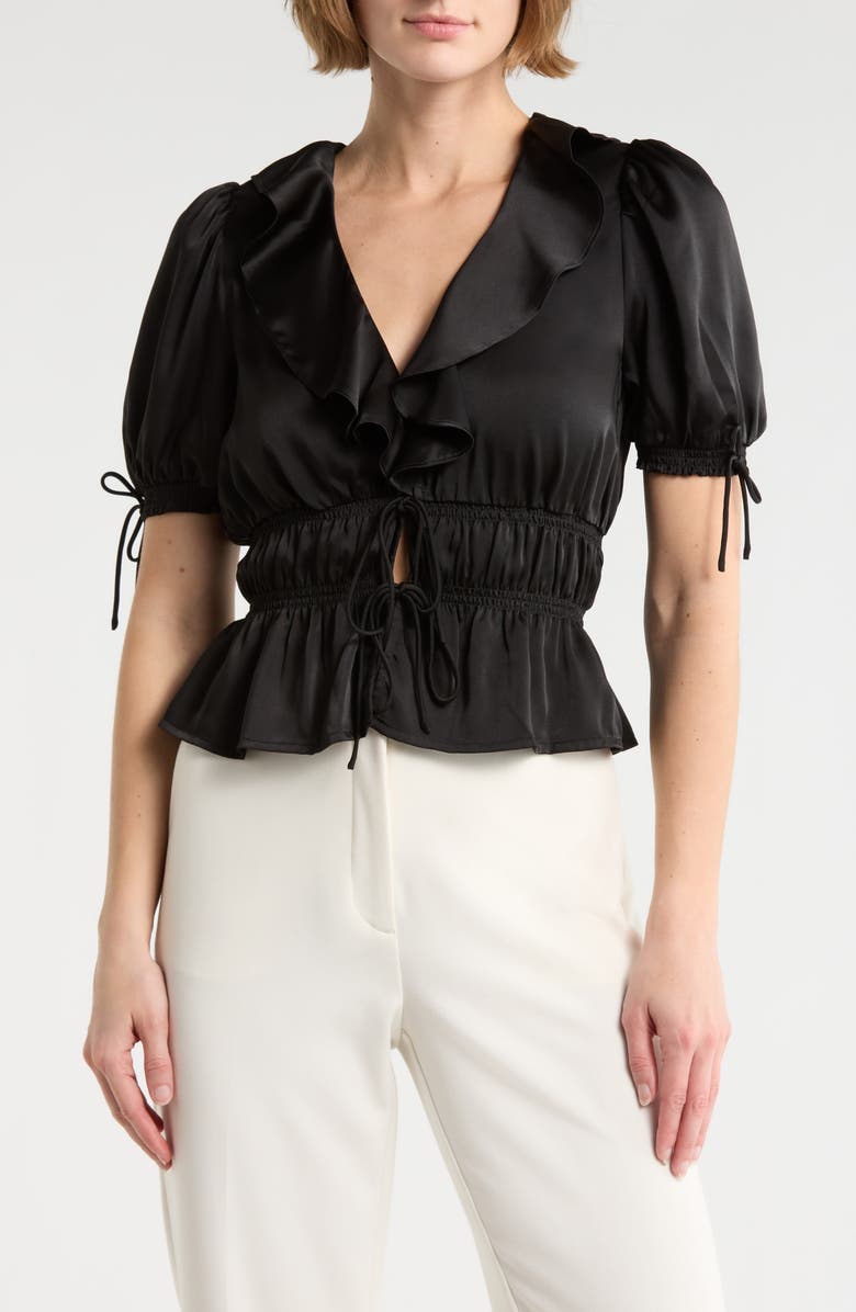 WAYF Ruffle Tie Front Top, Main, color, Black
