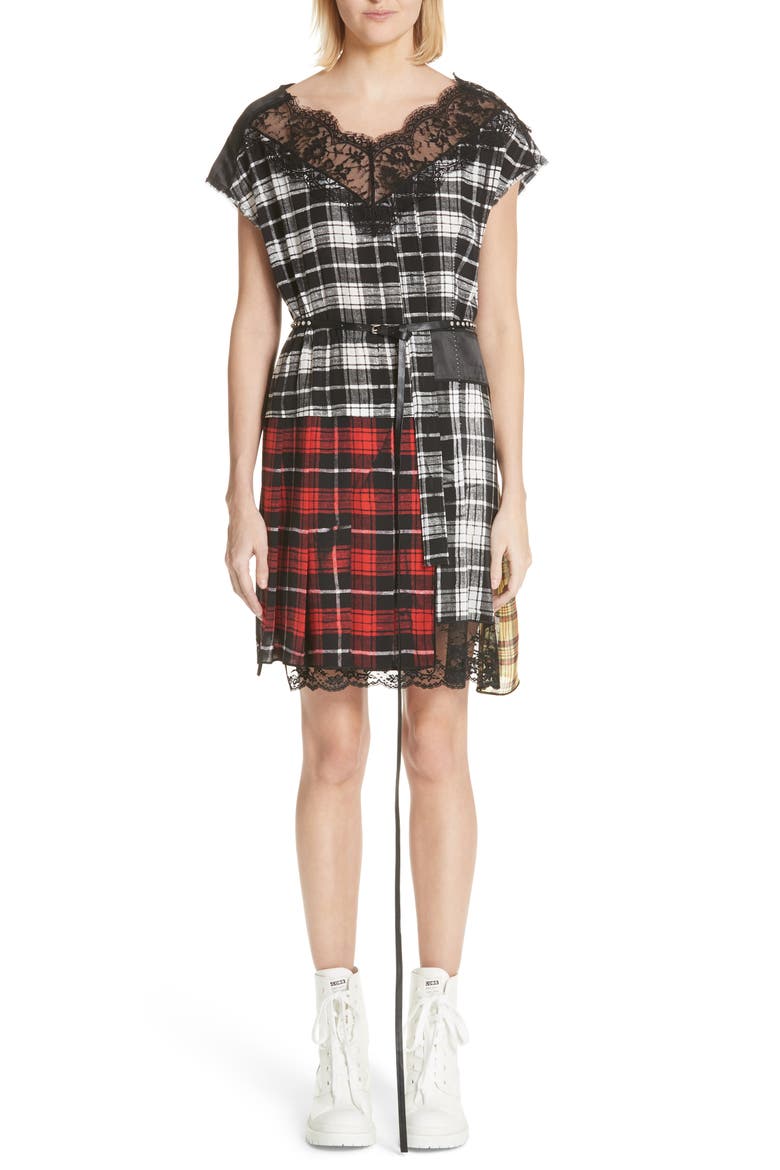 Lace Trim Plaid Silk Dress, Main, color, WHITE MULTI