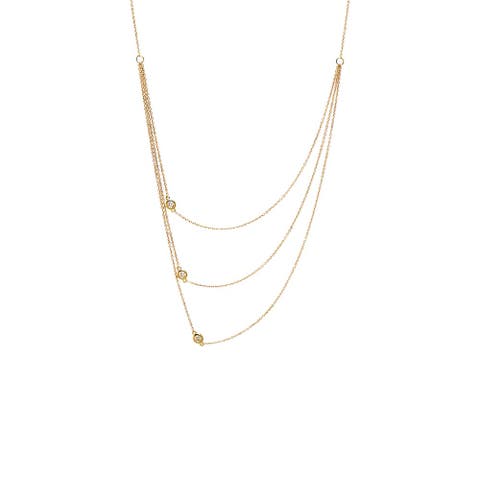 Diamond Sideway Bezel Triple Chain Necklace 14K