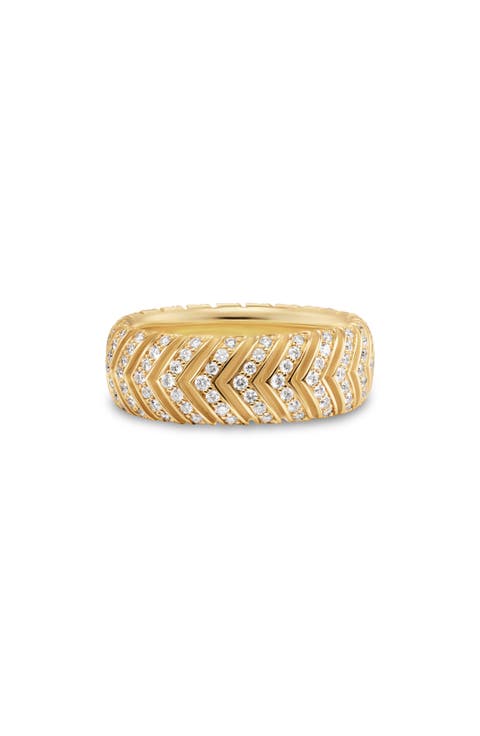 Men's Chevron Band Ring in 18K Yellow Gold with Diamonds, 8mm