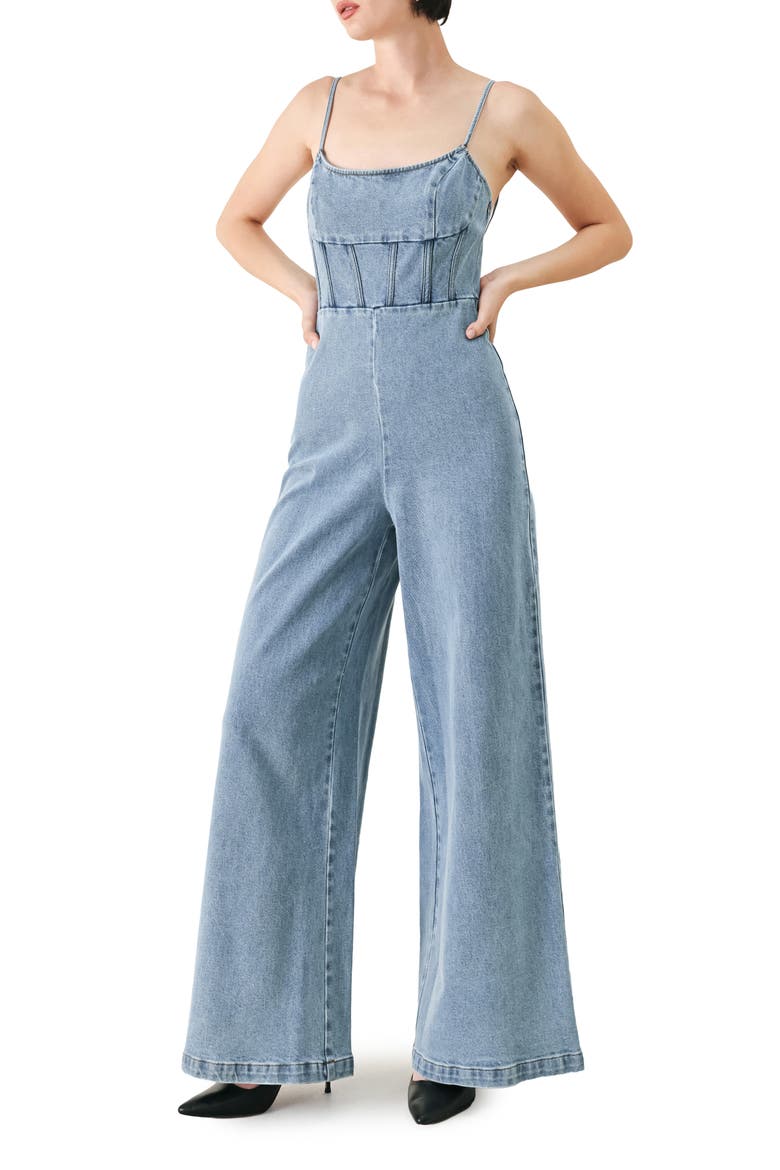 Denim Wide Leg Jumpsuit, Main, color, LIGHT DENIM