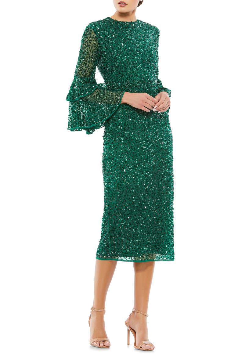 Beaded Bell Sleeve Midi Dress, Main, color, DEEP EMERALD
