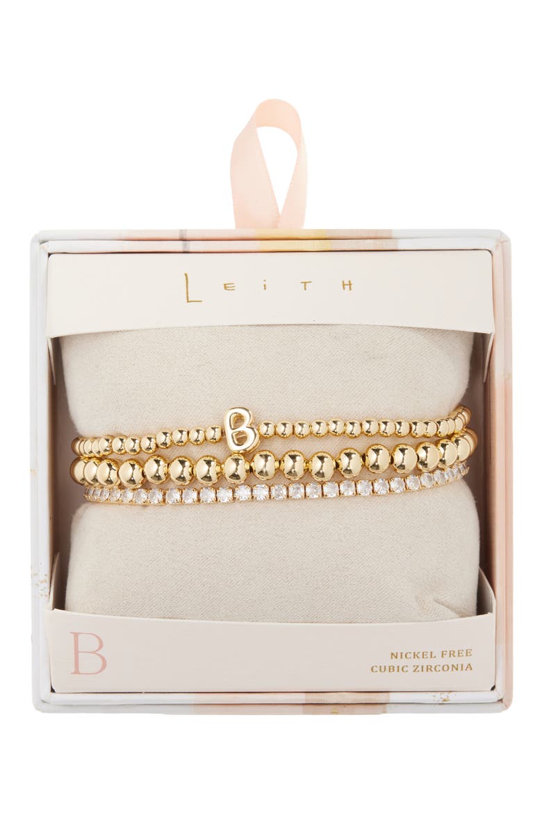 3-Pack Initial Bead Bracelet, Main, color, B- CLEAR- GOLD