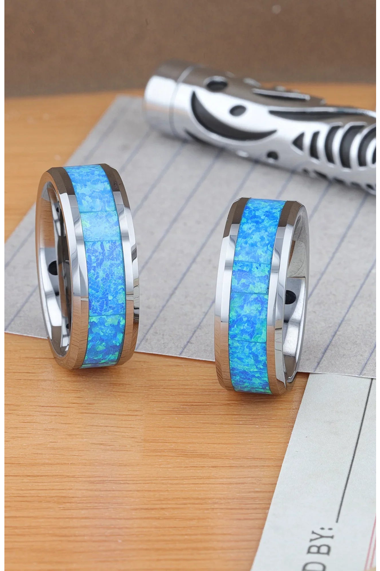 Quasar Tungsten Wedding Band With Opal Inlay, Alternate, color, Blue Green Opal 8mm