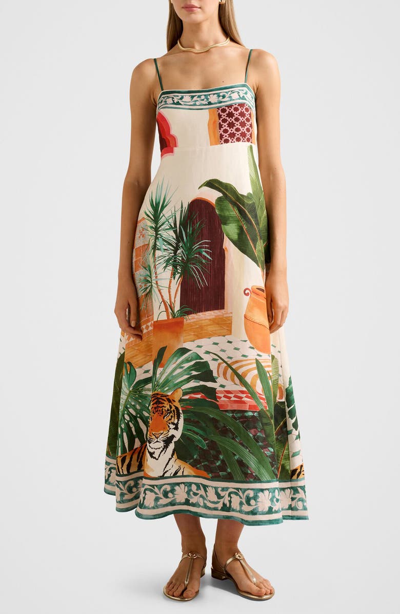 Ever New Bianca Print Linen Blend Midi Dress, Main, color, Casablanca Holiday