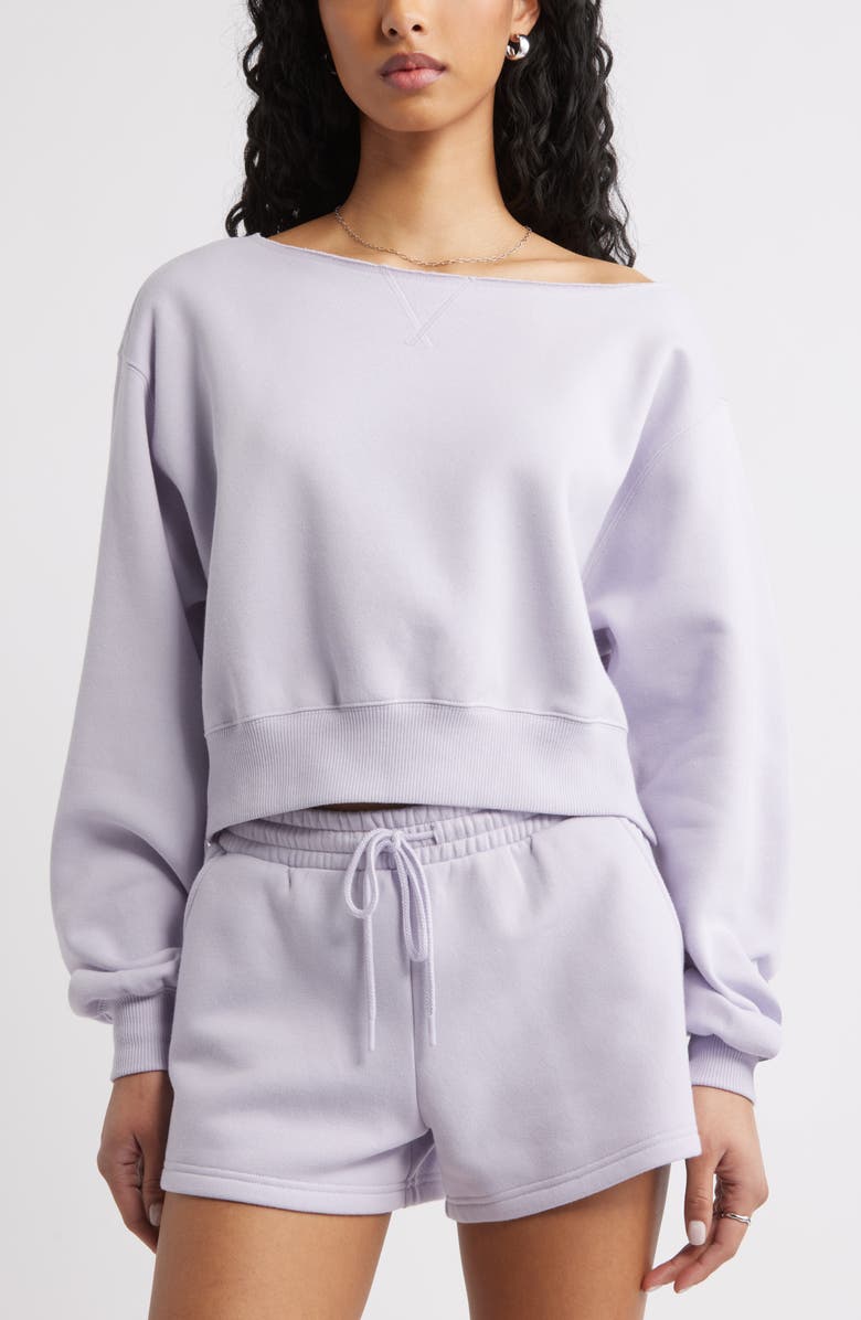 BP. Fleece Detail Off the Shoulder Sweatshirt, Main, color, Purple Thistle