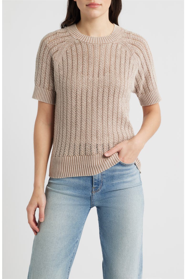 Washed Openwork Knit Rib Short Sleeve Sweater, Main, color, LATTE