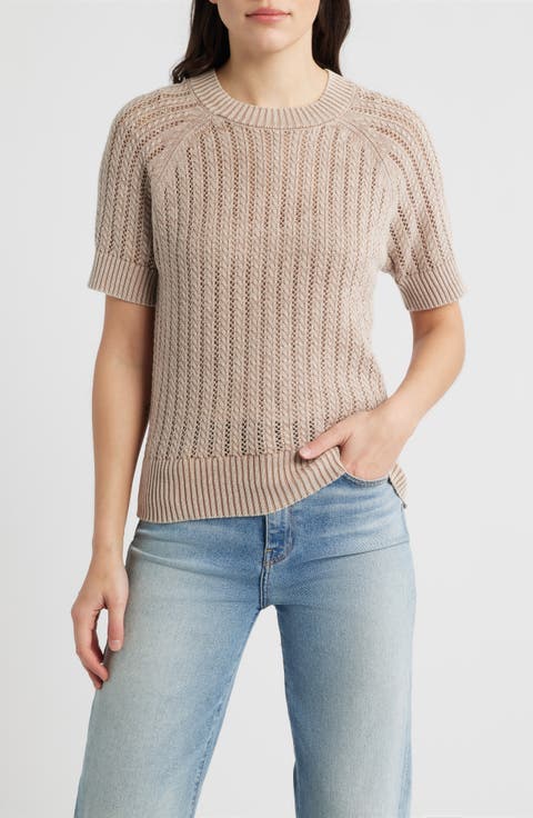 Washed Openwork Knit Rib Short Sleeve Sweater