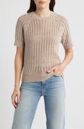 CITY BLUES Washed Openwork Knit Rib Short Sleeve Sweater