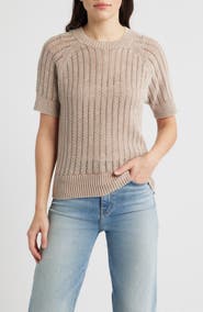 CITY BLUES Washed Openwork Knit Rib Short Sleeve Sweater