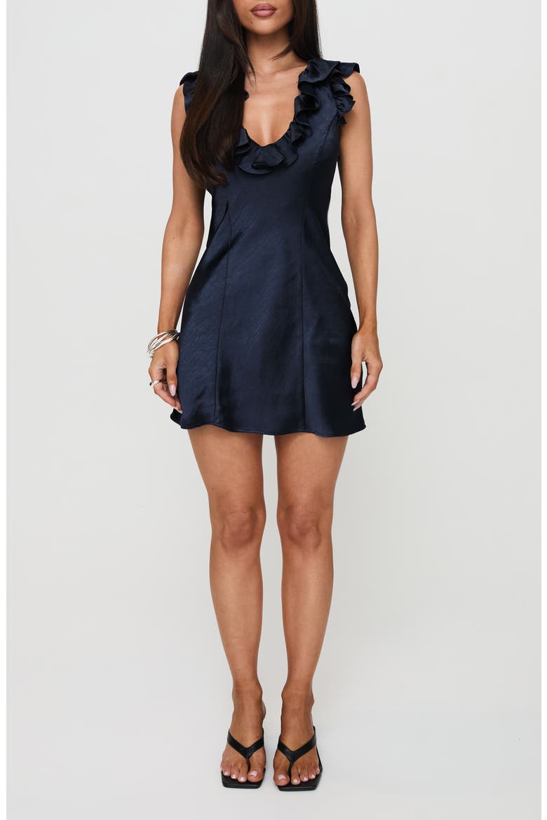 Butacup Ruffle Plunge Neck Satin Minidress, Main, color, NAVY
