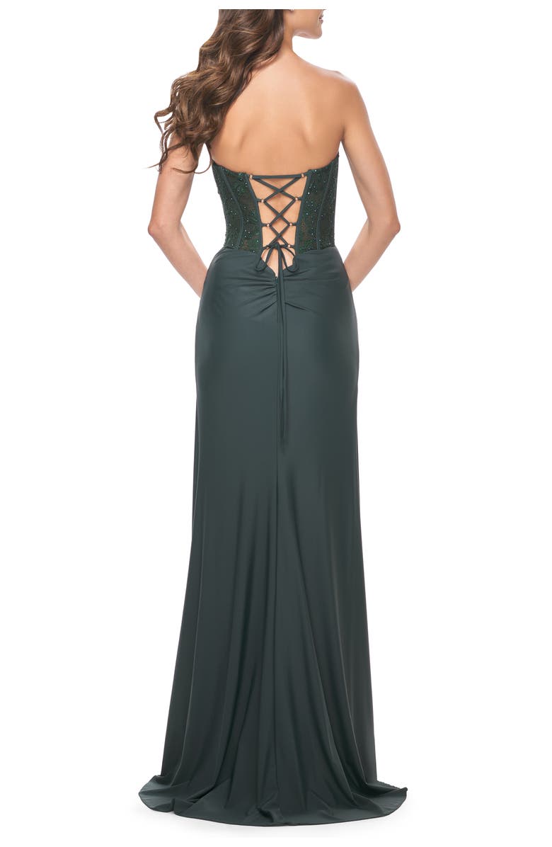 La Femme Lace Bustier Strapless Dress with Ruched Jersey Skirt, Alternate, color, Emerald