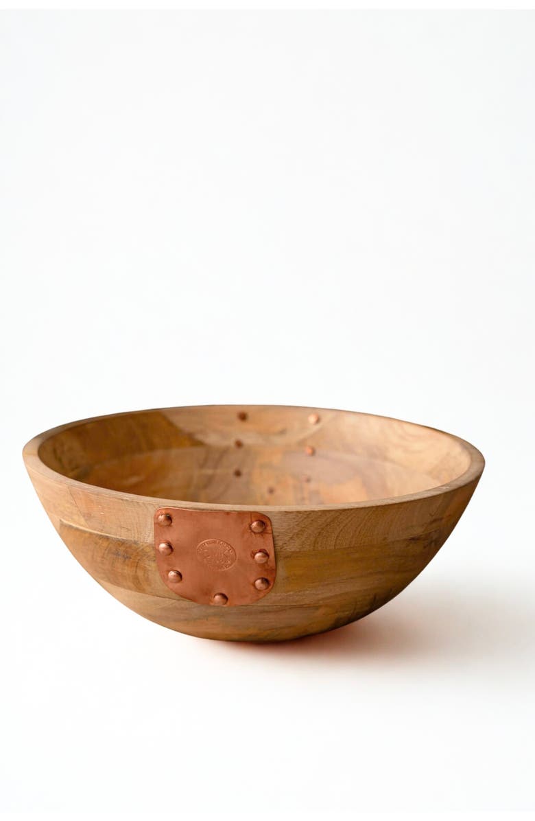 Coppermill Kitchen Vintage Inspired Wooden Serving Bowl with Handmade Copper Details, Main, color, Brown