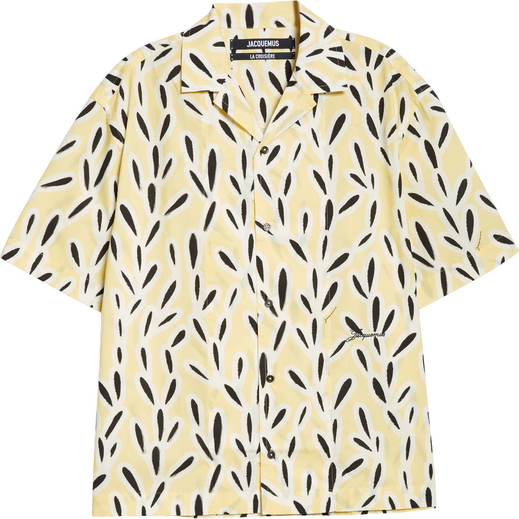 Jacquemus 'la Chemise Jean' Yellow Bowling Shirt With Cuban Collar And All-over Motif In Print Yellow/black
